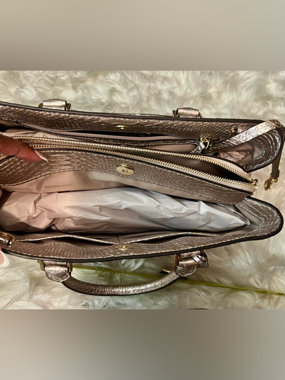 Michael Kors Metallic Golden BronzeSnake-Embossed Top-Handle Satchel - Picture 13 of 16